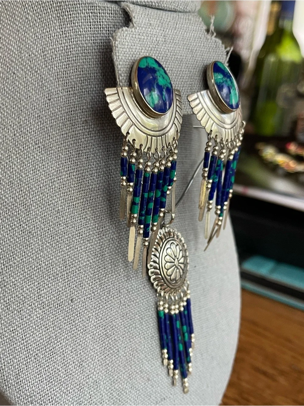 Azurmalachite Sterling Silver Earrings & Concho Pendant Set